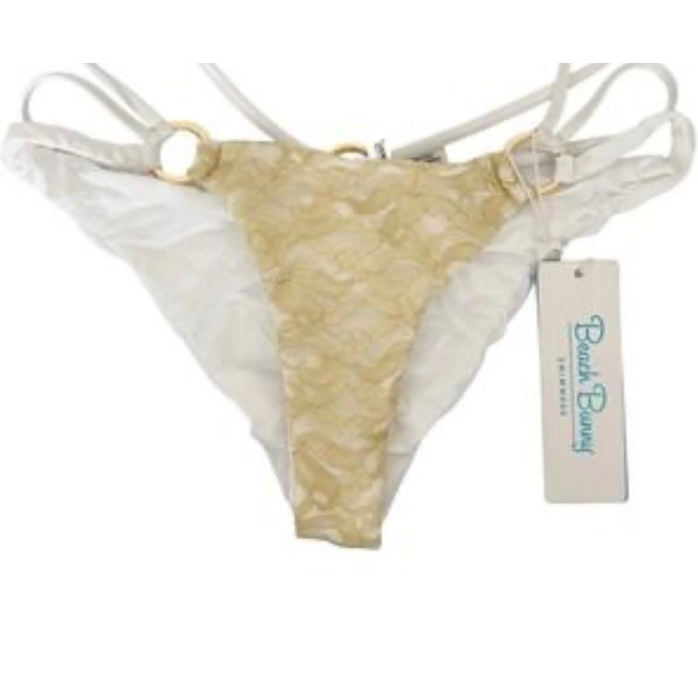 Rare Beach Bunny gunpowder & lace gold White String Bikini Bottoms Swimsuit  L